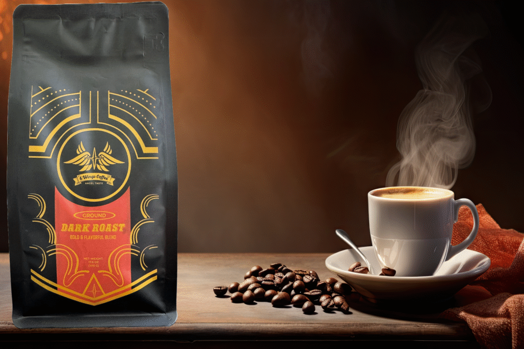 6 Wings Coffee Dark roast with coffee cup